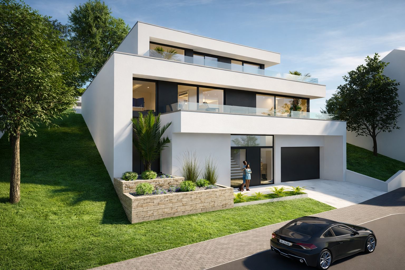Modernes Wohnhaus mit weißer Fassade, großzügigen Glasflächen und begrüntem Hanggrundstück